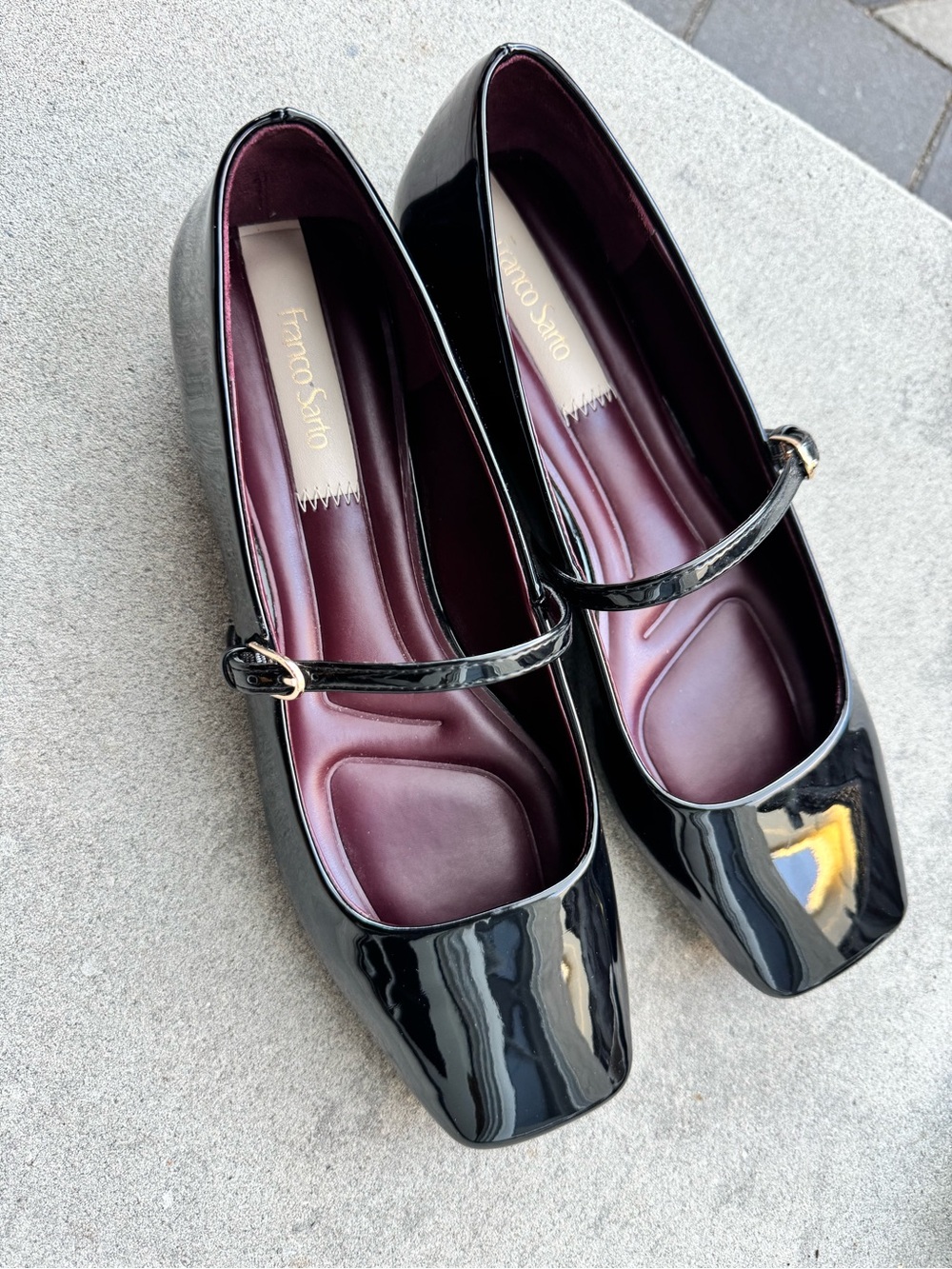 Franco Sarto Tinsley Black Patent Mary Jane Flats with Gold Buckles